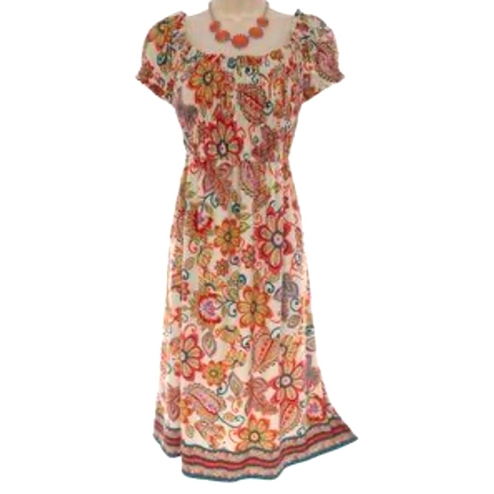 Dress Barn Floral Smocked Bodice Short Sleeve Midi Dress
